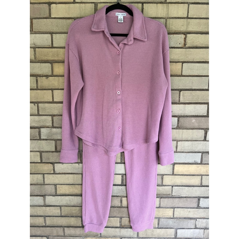 Better Together Pink Waffle Knit Button Down Top and Jogger Lounge Set Sz Small